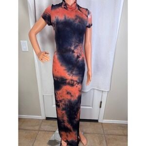 SJ Style bodycon tie dye open back‎ short sleeves mock neck maxi Size L